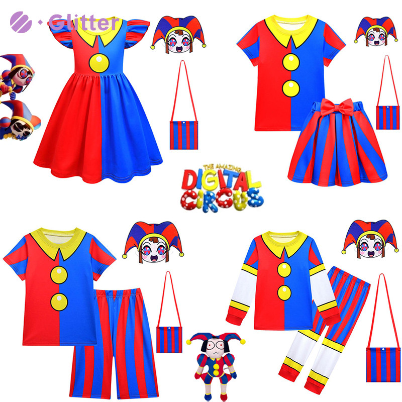 The Amazing Digital Circus Dress for Kids Girl Clown Pomni Blue Red Dress T Shirt Pants Mask Bag Pajama Terno Halloween Birthday Carnival Party เครื่องแต่งกายคอสเพลย์