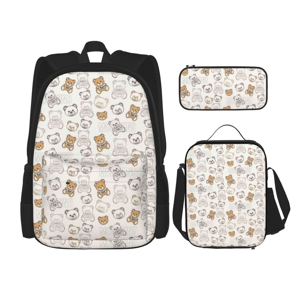 Moschino กระเป๋านักเรียน + กล่องดินสอ + กระเป๋าอาหารกลางวันรวม 3in1 กระเป๋าเป้สะพายหลังแฟชั่น