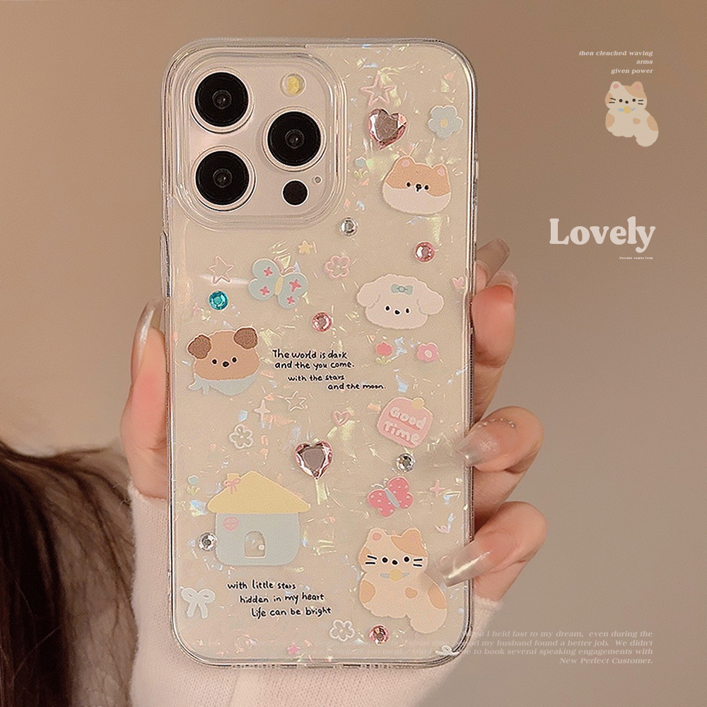 เคสโทรศัพท์มือถือซิลิโคน tpu กันตก ลายการ์ตูนสุนัข ประดับเพชร สามมิติ สําหรับ apple iphone 11 12 13 14 15 pro max plus x xr xs max 7 8 plus se2020