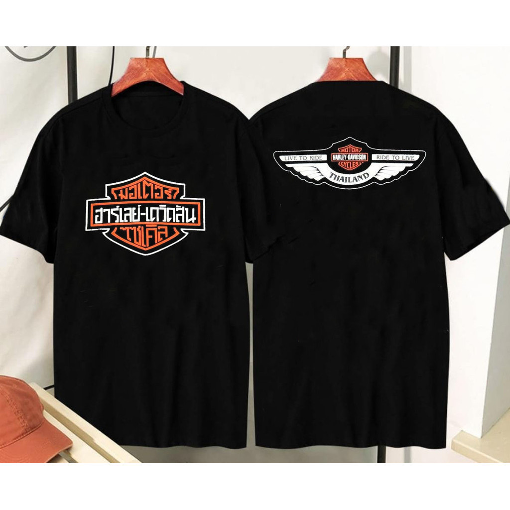 Unisex  เสื้อยืดรถจักรยานยนต์ Harley Davidson THAI SCRIPT LOGO Thailand เสื้อยืดสีดำ