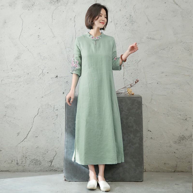 ชุดเดรสแขนห้าส่วน ผ้าฝ้าย และผ้าลินิน ปักลาย สไตล์เรโทร สําหรับผู้หญิง