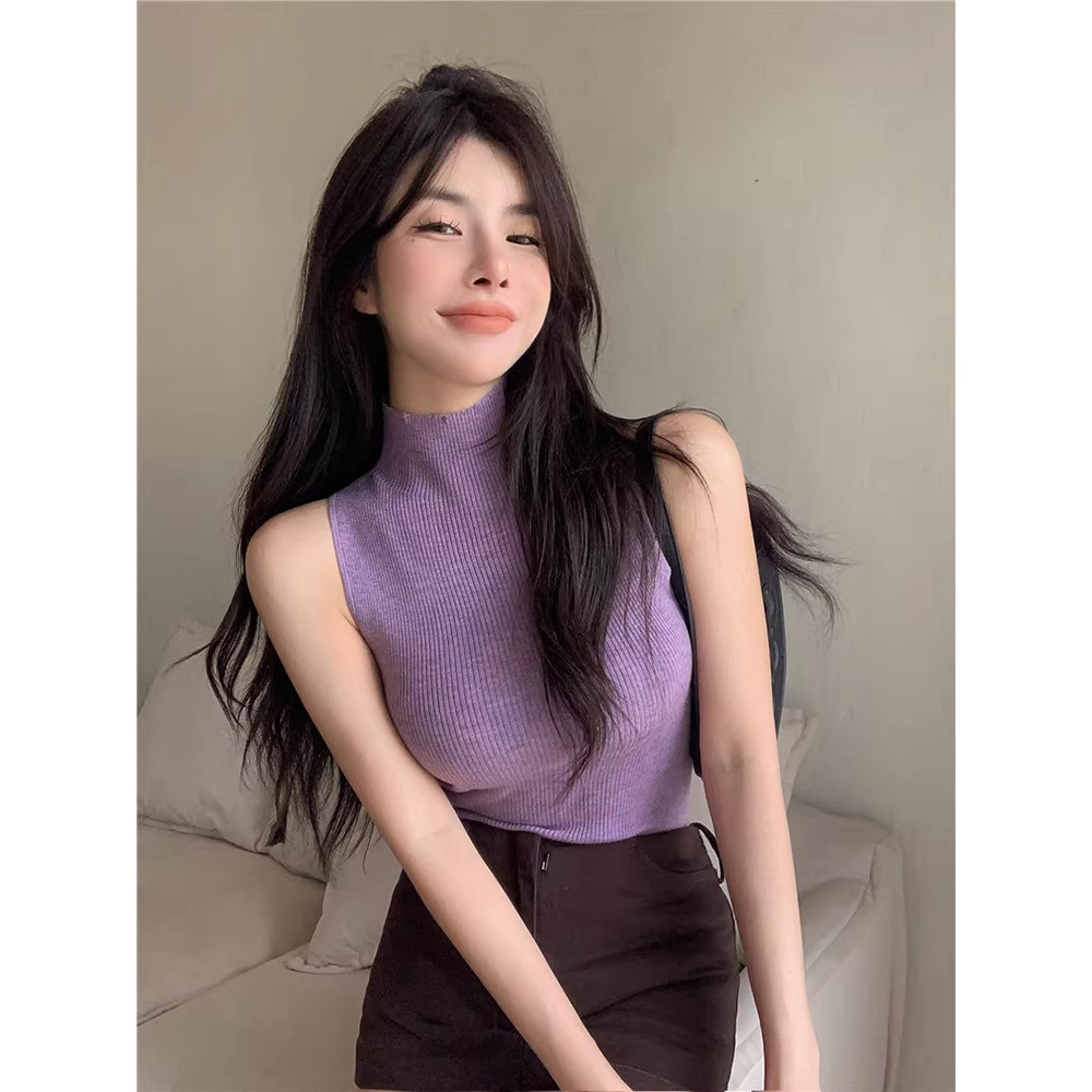 ขายดี เสื้อสายเดี่ยว แขนกุด คอสูง ผ้าถัก สีม่วง ยืดหยุ่น ทรงสลิมฟิต สําหรับผู้หญิง