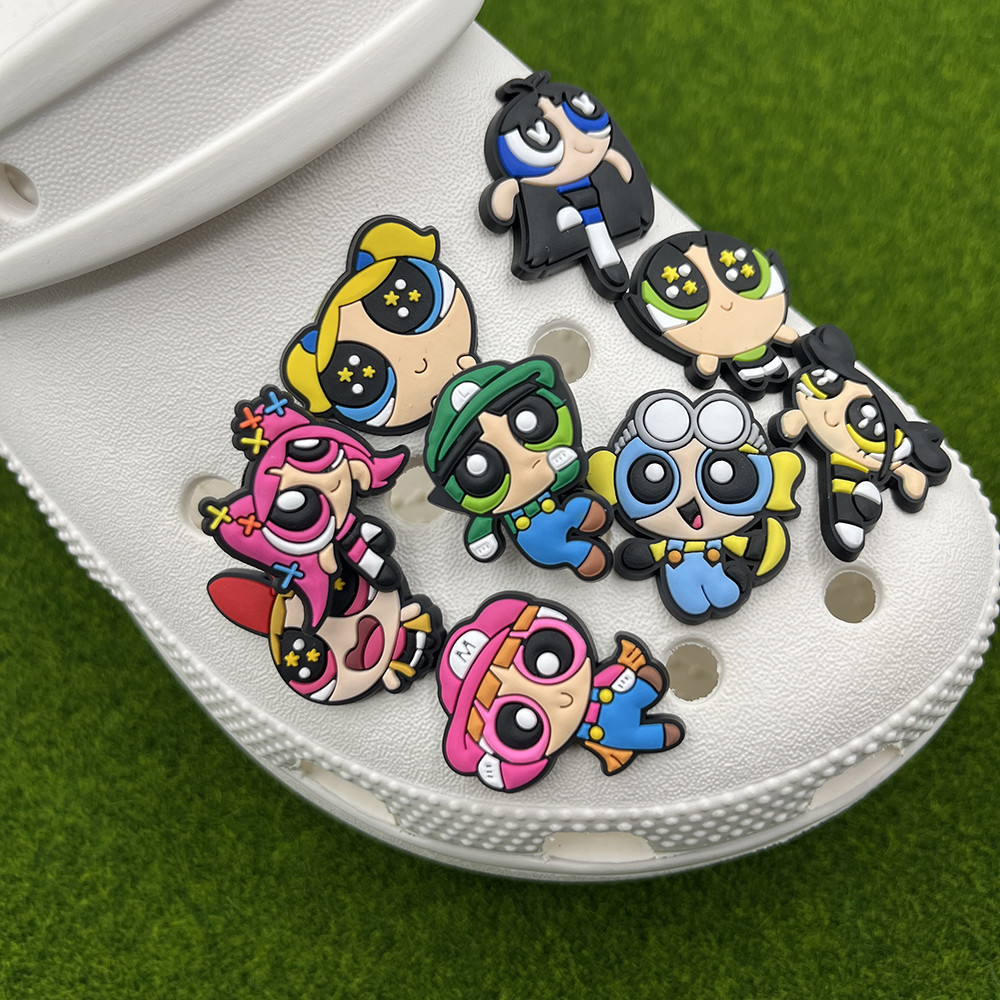 การ์ตูน Bubbles Blossom ออกแบบ jibits อะนิเมะรองเท้า Charms Powerpuff Girls Jibitz ออกแบบ Pin Buttercup Jibits สําหรับผู้หญิงรองเท้าอุปกรณ์เสริมตกแต่ง