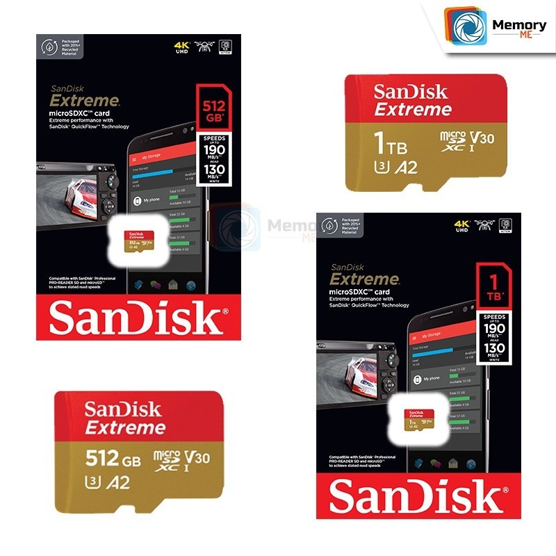 ที่เก็บความจำ SANDISK Extreme Micro SD card 512GB/1TB (190MB) UHS-I V30 4K U3 C10 A2 SDcard แท้ Memory card GoPro