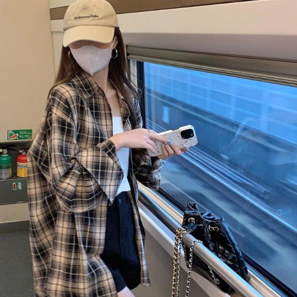 Dahong เสื้อเชิ้ตแขนยาว เชิตสาวอวบ ทรงหลวม ลายสก๊อต สำหรับผู้หญิง แฟชั่นผู้หญิง W327