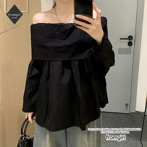เสื้อเชิ้ตแขนยาว เปิดไหล่ ทรงหลวม สีดํา หรูหรา สไตล์ฝรั่งเศส เหมาะกับฤดูใบไม้ผลิ และฤดูใบไม้ร่วง สําหรับผู้หญิง 2024