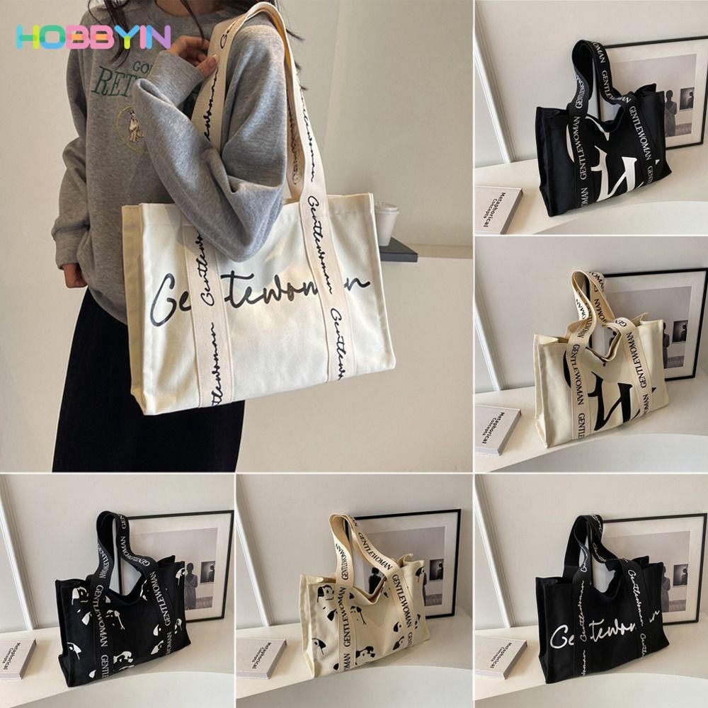 HOBBYIN กระเป๋าถือ , Gentlewoman Letters Canvas Tote Bags, Fashion Large Capacity Shopping Bag Women Girls
