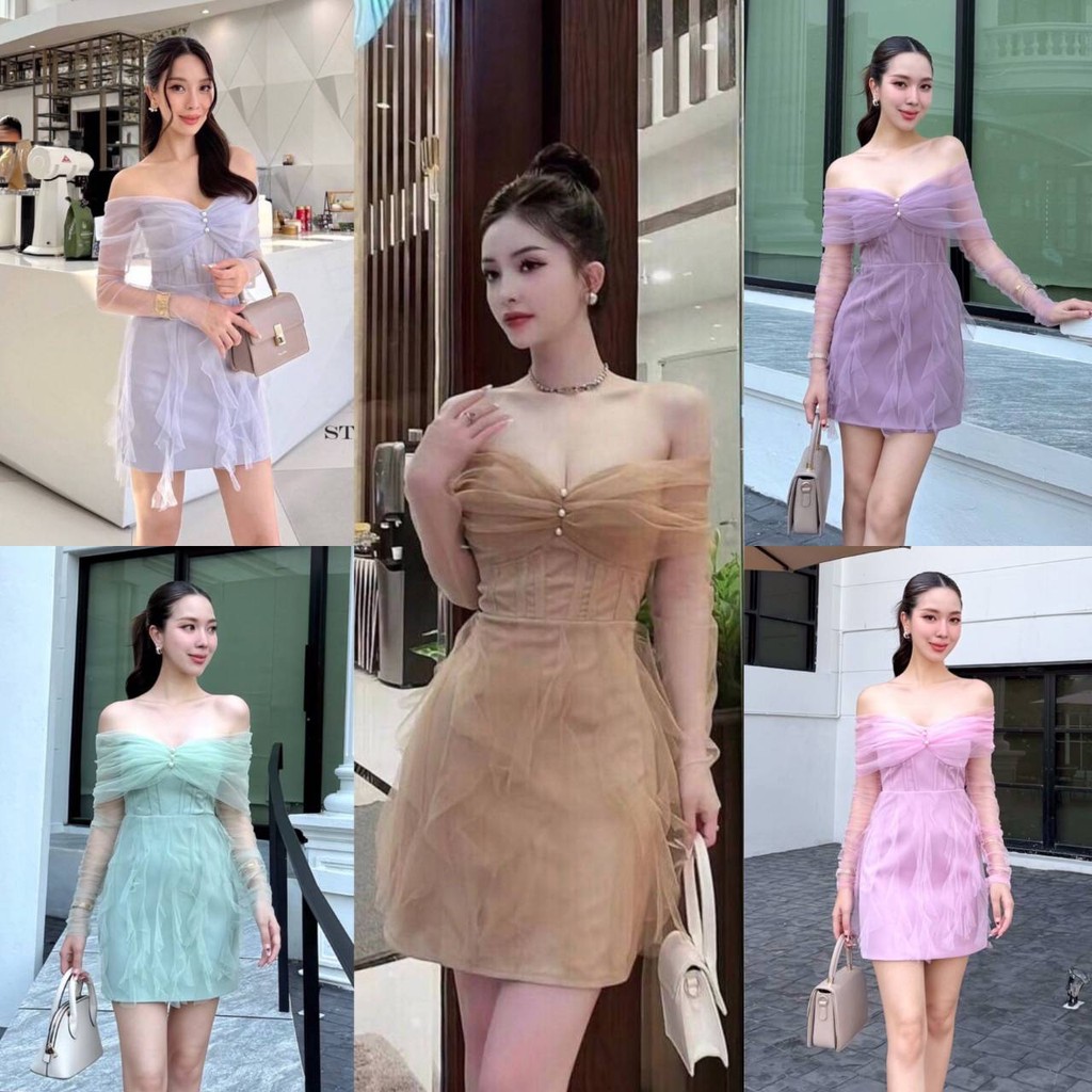 Shop_DD <พร้อมส่ง> Sty123 เดรสเปิดไหล่ทรงพอดีตัว เเขนยาวซีทรู ซิปหลัง ใส่สวยน่ารักมากๆ ใส่เที่ยว ใส่