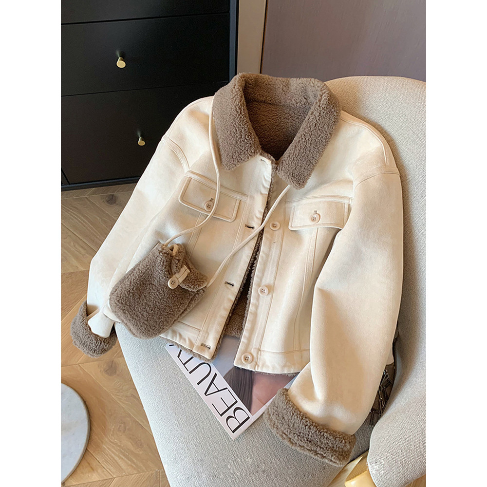 เสื้อโค้ทสั้นขนแกะหนังกลับเกาหลีสำหรับผู้หญิงมีสต็อกใหม่ฤดูใบไม้ร่วงและฤดูหนาวหลวมหนาพิเศษเสื้อขนสัต