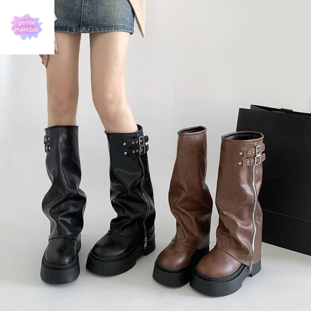 ผู้หญิง Biker รองเท้า, ออกแบบใหม่แพลตฟอร์มผู้หญิงเข่าสูง Booties, เข็มขัดอินเทรนด์หัวเข็มขัด Y2K Punk Harajuku ยาวท่อ Booties สุภาพสตรี