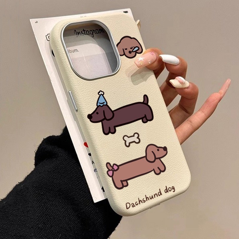 SAMSUNG น่ารักลูกสุนัขสําหรับsamsung S25 S24 Ultra S23 S22 Plus S20 S21 S23 S24 FEการ์ตูนดัชชุนสุนัขตลกป้ายหนังหรูหราโลหะเลนส์กรอบกันกระแทกปกอ่อน