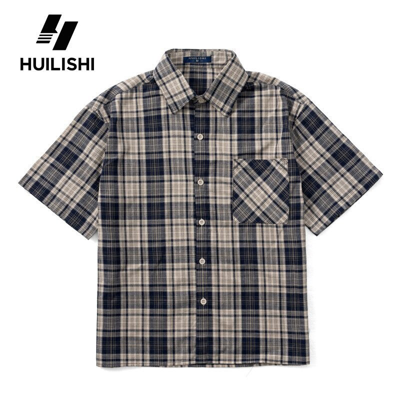 Polo for Men Crop Top เสื้อเชิ้ตแขนสั้นผ้าฝ้ายลายสก๊อตสไตล์เกาหลี