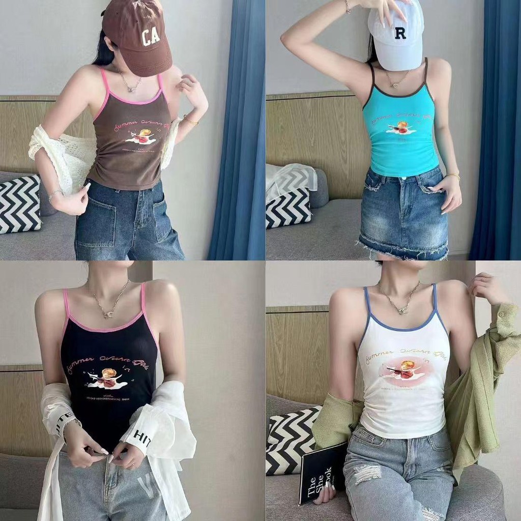 YY93 เสื้อสายเดี่ยว ครอปท็อป ฟองน้ำในตัว สไตล์เกาหลี สีน่ารักมาก ลายการ์ตูน ราคาถูก