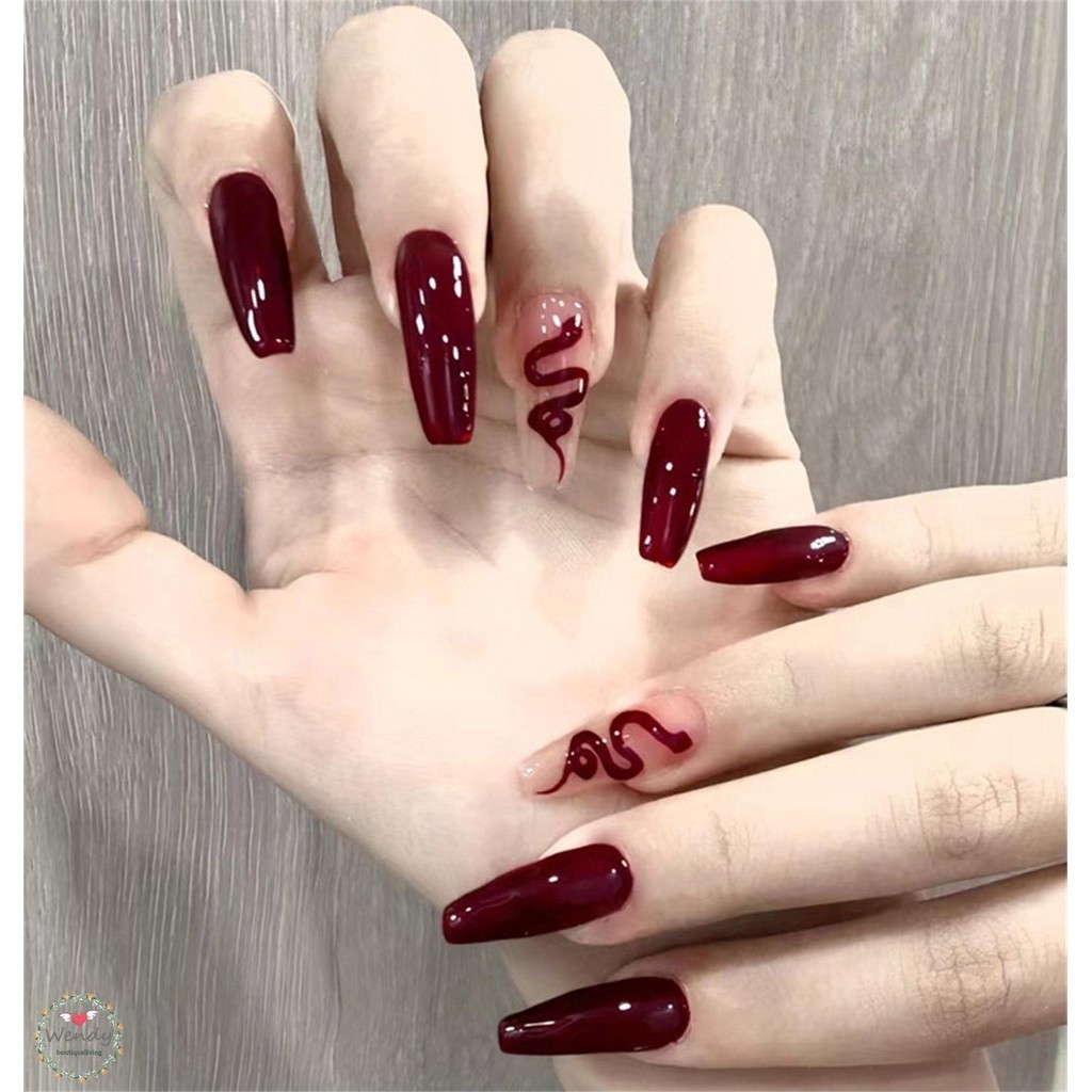 BLNAIL เล็บปลอม แบบยาว ถอดออกได้ สีไวน์แดง สําหรับเด็กผู้หญิง จํานวน 24 ชิ้น