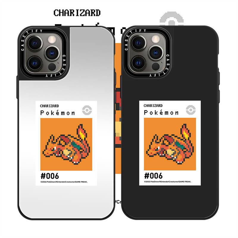 Casetify X Custom Pixel Pokémon Case - Charizard PC Sliver กระจกสีดํา Hard iPhone สําหรับ iPhone 15 14 13 12 11 Pro MAX IX XS MAX XR 6 6s 7 8 Plus กรณีกันกระแทกฝาครอบกันชน