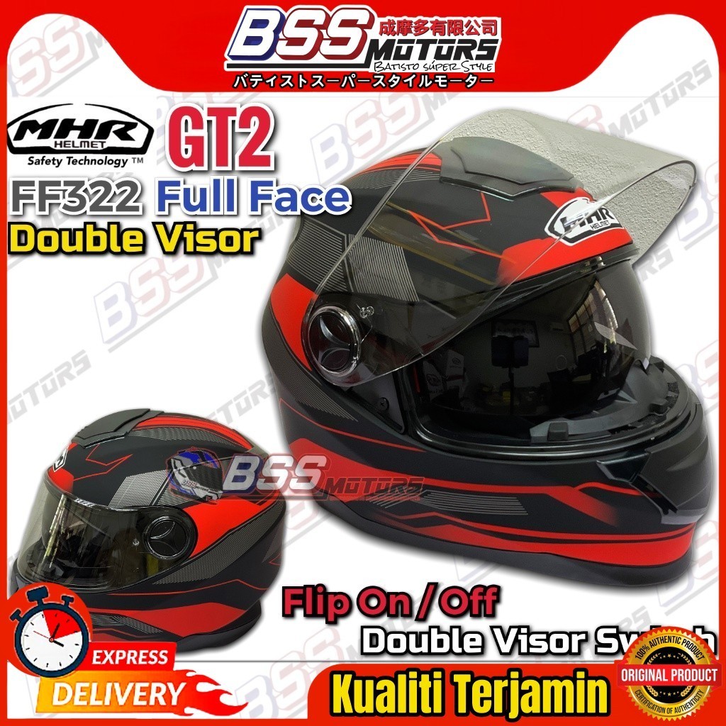 MHR Full Face GT2 หมวกกันน็อคออกแบบ Double Visor FullFace FF322 E3 MATT สีดํา/สีแดง (SIRIM) ถอด Padd