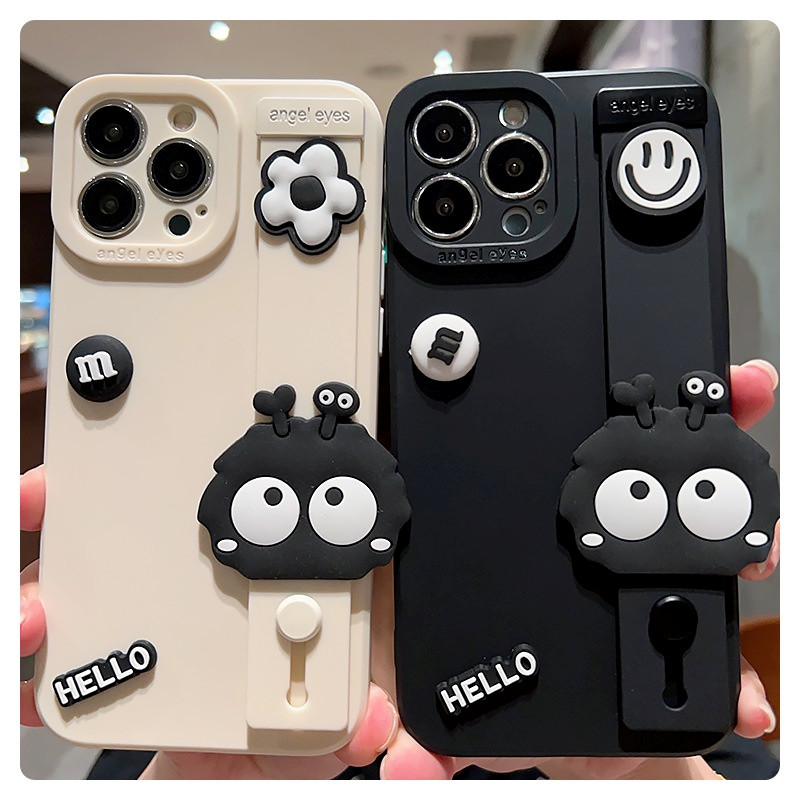 เข้ากันได้สำหรับ Samsung Galaxy S26 S25 S24 S23 S22 Ultra S21 S20 FE S10 S9 Plus 3D สนุกสีดําถ่านหิน + สายรัดข้อมือผู้ถือซิลิโคนเคสโทรศัพท์