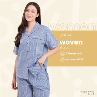 Josilins ชุดนอน ชุดอยู่บ้าน ผู้หญิง เสื้อแขนสั้น ขายาว ผ้าวูเว่น ลายคลาสสิค ตาราง ริ้ว สก๊อต ฟรีไซส์ SM 2026
