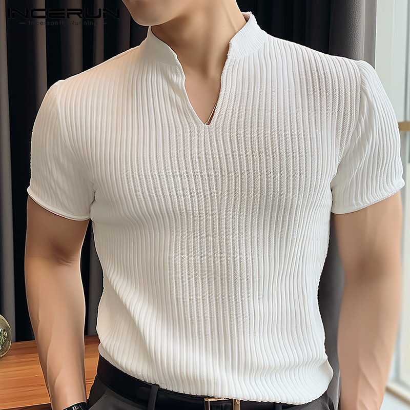 Incerun เสื้อยืดลําลอง คอวี แขนสั้น แฟชั่นสไตล์เกาหลี สําหรับผู้ชาย