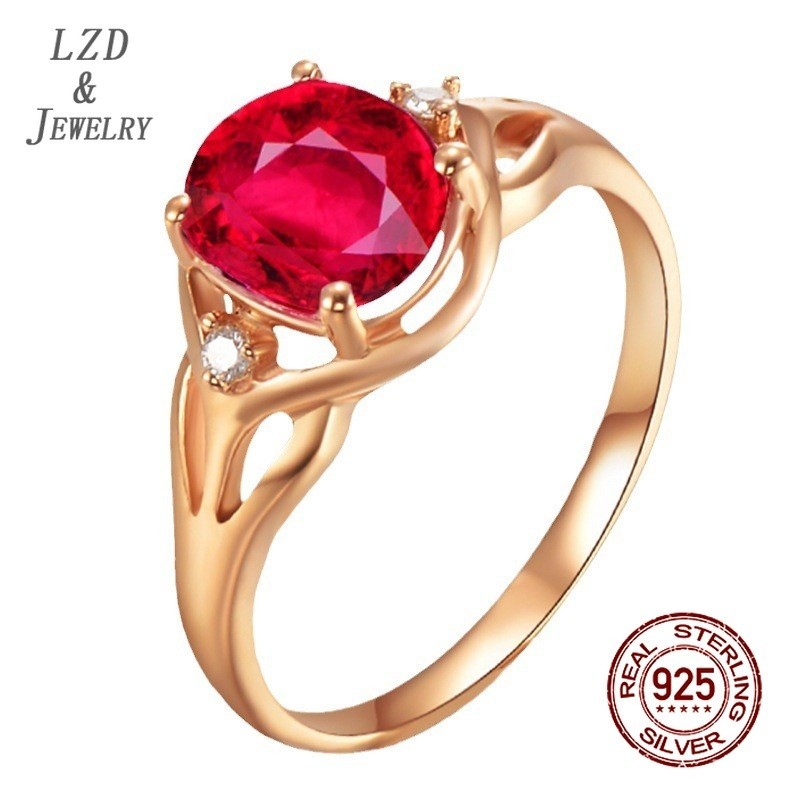LZD - แฟชั่น Hollowed-out Diamond Pigeon Blood Red Tourmaline 925 Silver Rose Gold Plated แหวน