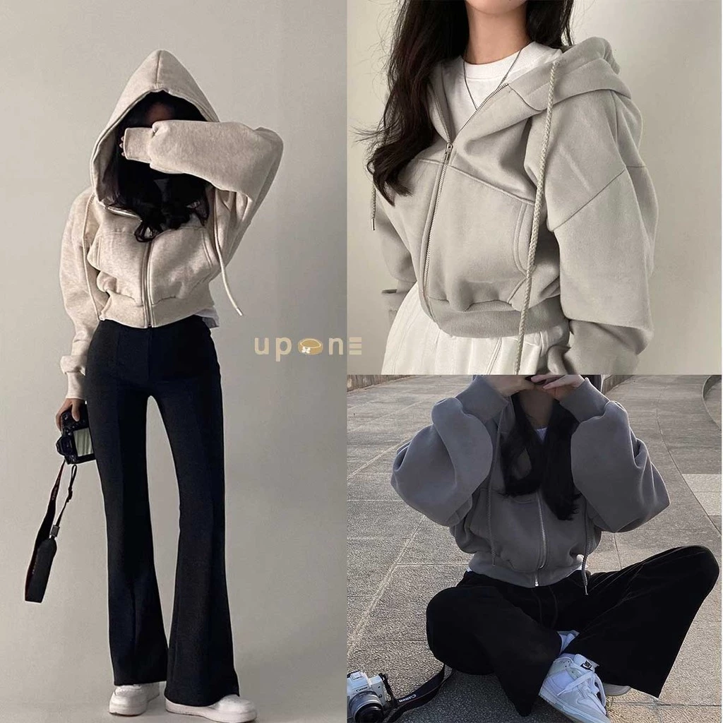 เสื้อแจ็กเก็ตครอป ทรงหลวม แขนยาว มีฮู้ด สีพื้นเรียบๆ