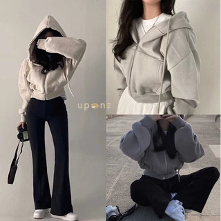 เสื้อแจ็กเก็ตครอป ทรงหลวม แขนยาว มีฮู้ด สีพื้นเรียบๆ