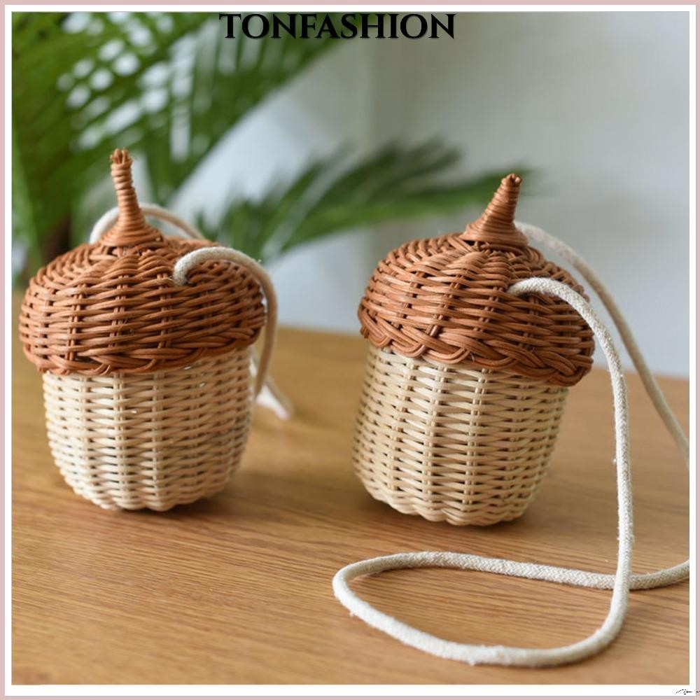 Tonfashion Pinecone กระเป๋าถือ กระเป๋าสะพายไหล่ หวายสาน สไตล์วินเทจ ขนาดเล็ก ของขวัญ สําหรับเด็ก