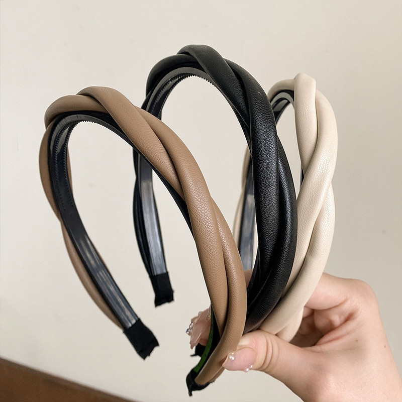ใหม่ ที่คาดผม หนัง pu ทอมือ บิดได้ เครื่องประดับแฟชั่นสตรี