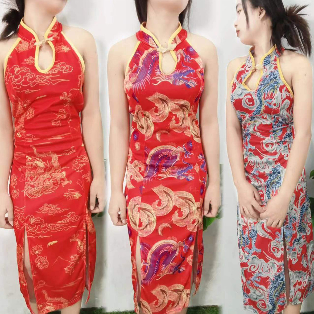 เดรสกี่เพ้า มินิเดรสยาว ตรุษจีน แต่งกระดุมคอจีน ลายมังกร ปลายชายผ่าสูง 3สี พร้อมส่ง