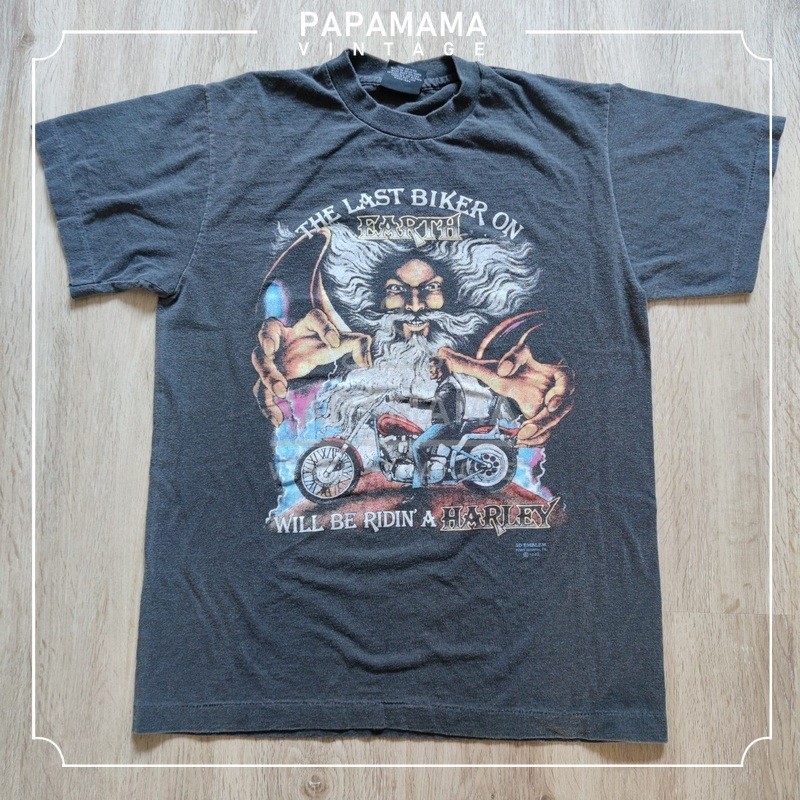 [ HARLEY - DAVIDSON ] black wizard พ่อมด ตอกปี @1989 ป้ายUSA bio washed เสื้อวินเทจ เสื้อฮาร์เลย์ papamama vintage shirt