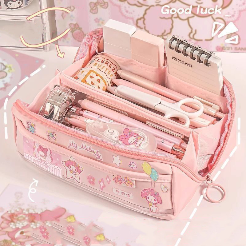 SANRIO กระเป๋าดินสอ ปริซึม 10 ชั้น จุของได้เยอะ สีโปร่งใส สําหรับใส่เครื่องเขียน