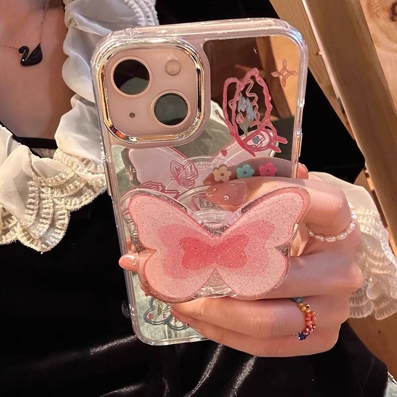 เคสโทรศัพท์มือถือนิ่ม ลายผีเสื้อ พร้อมขาตั้ง สําหรับ iPhone 15 14 13 12 11 Pro Max X Xr Xs Max 7 8 Plus SE2020