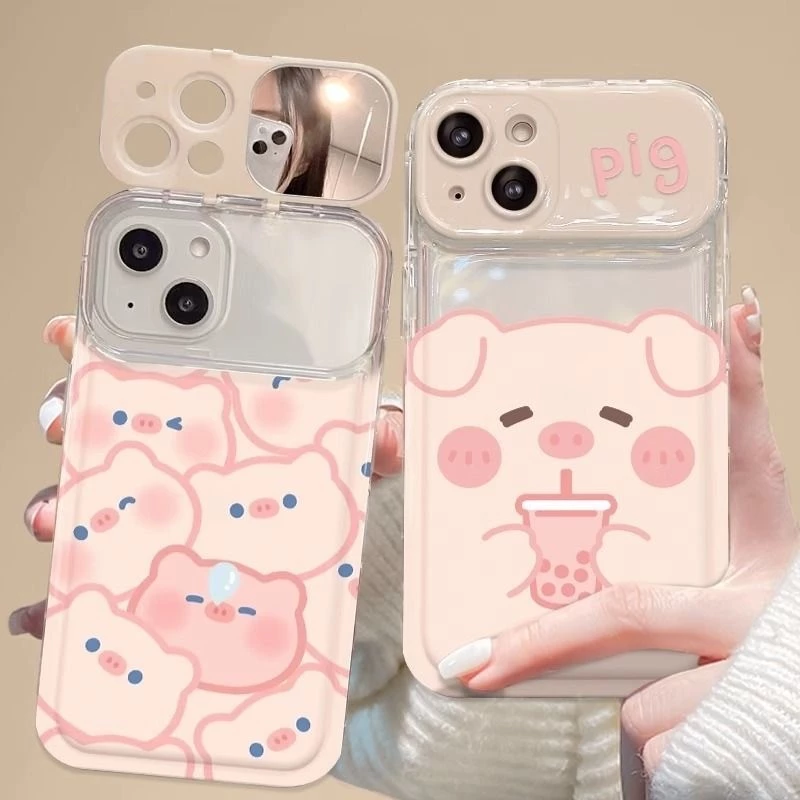 สำหรับ iPhone 11 15 14 13 12 Pro MAX 8 14 Plus XS MAX Sleeping Piggy Milk Tea Piggy Pattern เคสโทรศัพท์ฝาพับเคสไอโฟนคู่