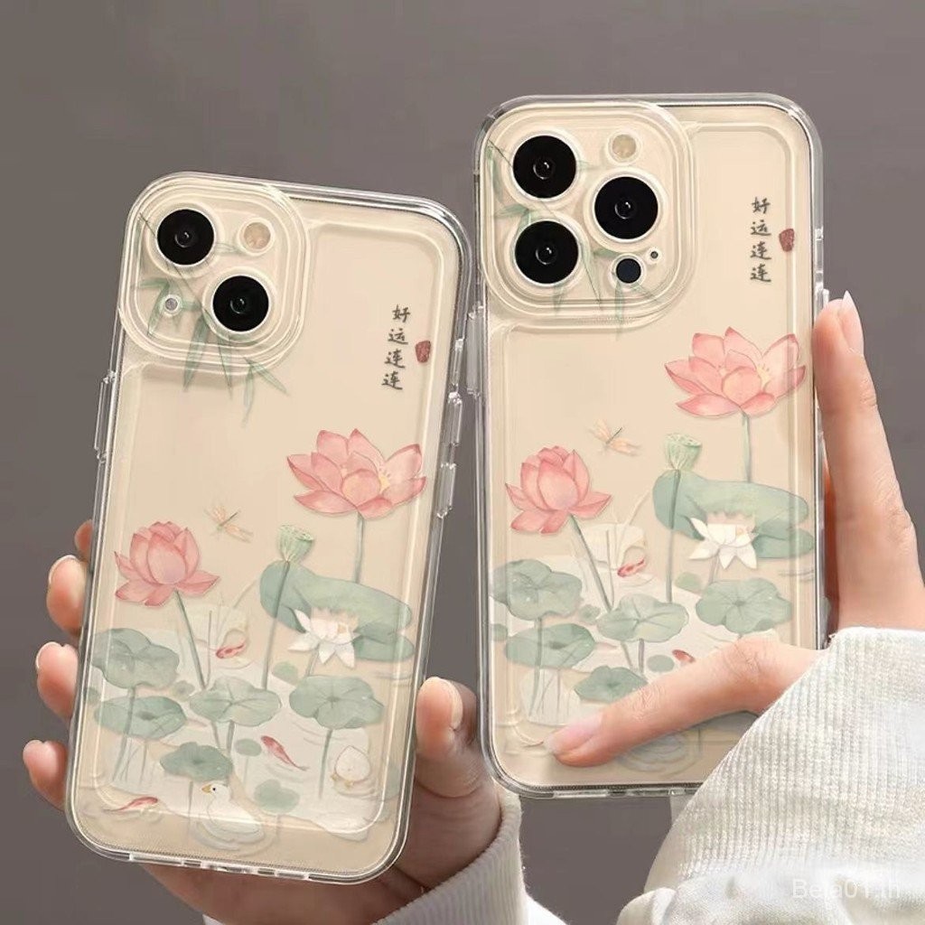เคสป้องกันโทรศัพท์มือถือใส แบบนิ่ม ลายดอกบัว กันกระแทก สําหรับ iPhone 11 12 13 14 15pro x xs TXHZ