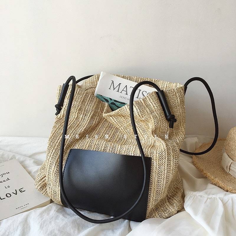 SENSES// Ins Vintage Weave Tote Bag Holiday Straw Bag Shoulder Bag Large Capacity Shopping Bag Beach