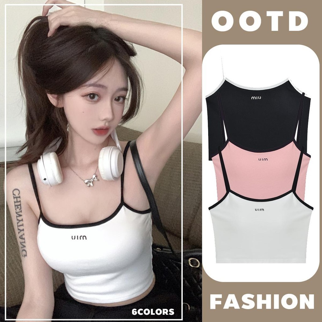 MIMI&DIDI สายเดี่ยวน่ารัก เสื้อครอปสาวร้อน แฟชั่นสไตล์เกาหลี สายสปาเก็ตตี้สีตัดกัน พร้อมแผ่นฟองน้ำ ทรงเข้ารูป#X6613