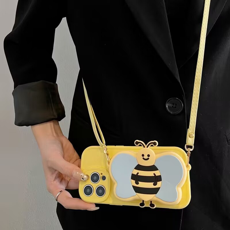 Casing For Huawei P30 Lite Y9 Prime 2019 Y7A Y6P 2020 Nova 3i 4e 5T 7i 9 9SE 10 Pro Cute Bee Wallet Bag Soft TPU Phone Case With Lanyard