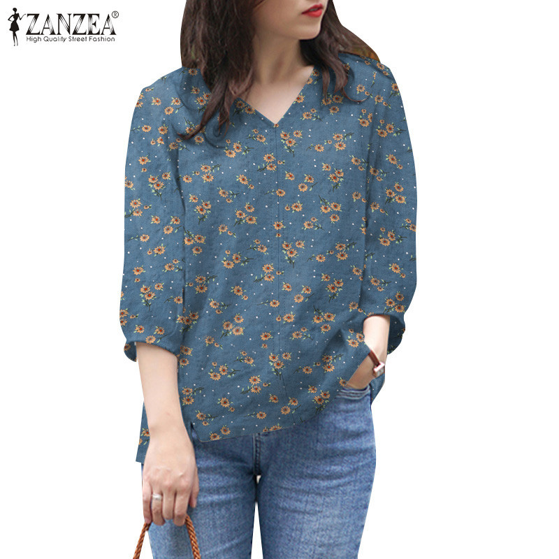 Zanzea เสื้อเบลาส์ คอวี แขนสามส่วน พิมพ์ลายดอกไม้ ผ่าข้าง สําหรับผู้หญิง