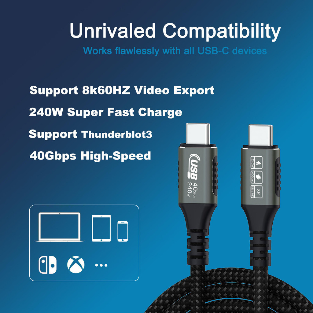 สายเคเบิล USB4 USB C 40Gbps 100W 240W 8K 60Hz 1M 2m Thunderbolt 4 Type-C สําหรับแล็ปท็อป และโทรศัพท์มือถือ