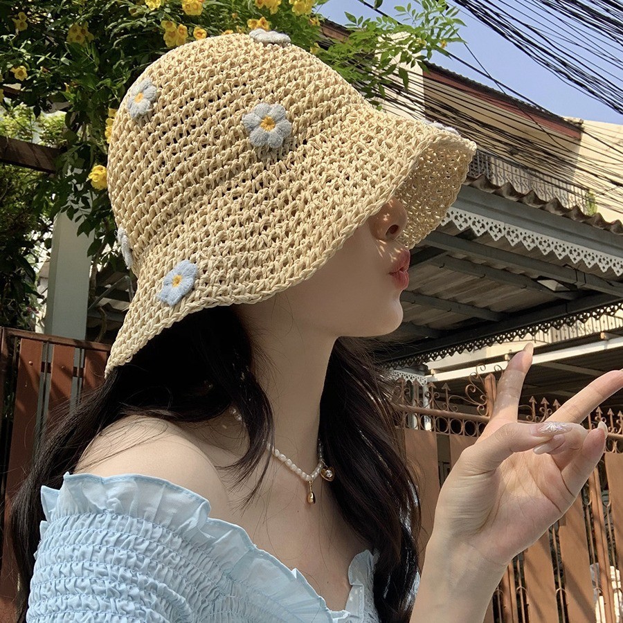 หมวกฟางสาน กันแดด ลายดอกไม้น่ารัก สีฟ้า แฟชั่นฤดูร้อน สไตล์ชาวประมง สําหรับผู้หญิง
