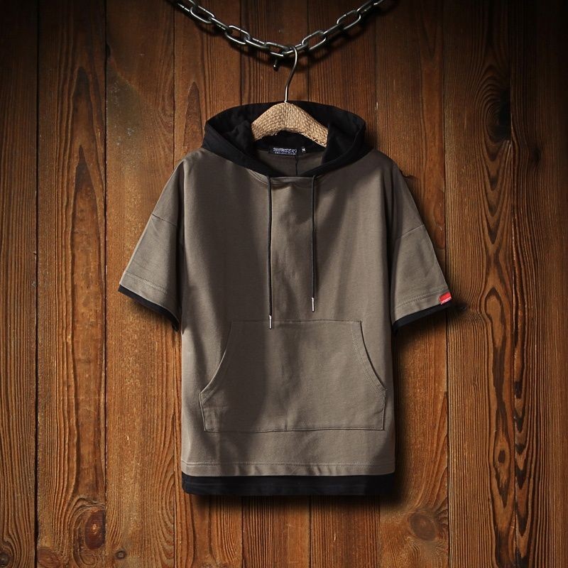 เสื้อยืดแขนสั้น มีฮู้ด ทรงหลวม สีคอนทราสต์ แฟชั่นฤดูร้อน สําหรับผู้ชาย