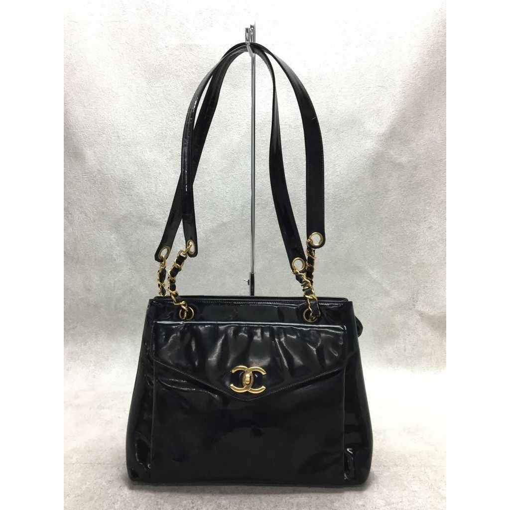 Chanel กระเป๋าสะพายไหล่ Coco Mark Patent Gold สีดํา ส่งตรงจากญี่ปุ่น มือสอง
