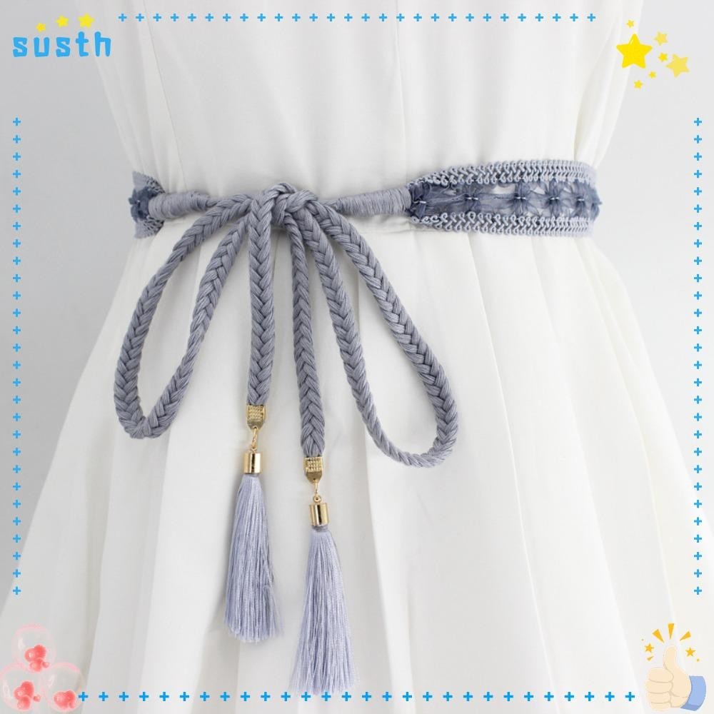 Susth สายเชือกคล้องเอว ผ้าฝ้าย ประดับพู่ แบบบาง แฟชั่นเรโทร สไตล์เกาหลีคลาสสิก สําหรับกระโปรง