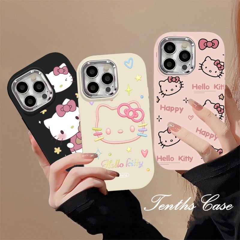 เคสโทรศัพท์มือถือแบบนิ่ม กันกระแทก ลายการ์ตูนคิตตี้น่ารัก สีชมพู สําหรับ IPhone 15 11 12 13 Pro Max Xr X Xs Max 7 8 Plus