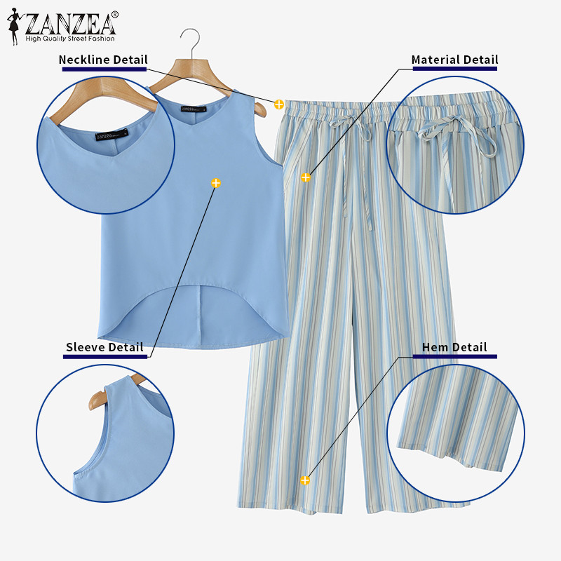 ZANZEA ซานเซีย ผู้หญิงเกาหลีแขนกุดยืดหยุ่นเอวกระเป๋าลายขากว้างชุดสองชิ้น
