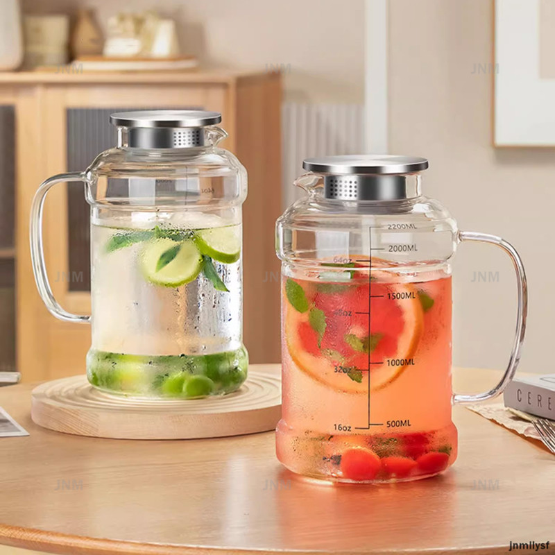 2200มล ความจุขนาดใหญ่กาต้มน้ําแก้วครัวเรือนทนความร้อนเหยือกน้ําแก้วกาน้ําชาน้ําผลไม้หม้อใสเหยือกแก้ว
