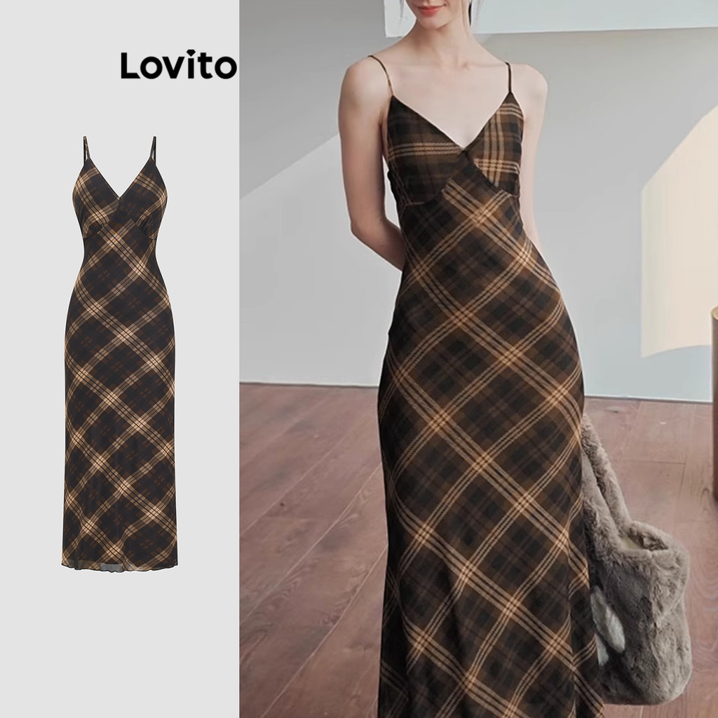 Lovito ชุดเดรส ลายตาราง ดีไซน์เส้นโครง สไตล์แคชชวล สำหรับผู้หญิง L122AD011
