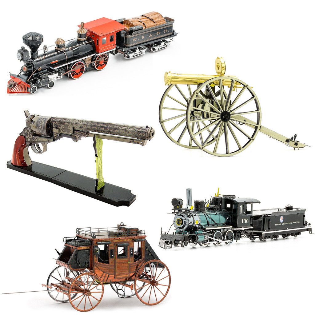[ซื้อ 2 แถมเครื่องมือ] โมเดลประกอบโลหะ DIY ปริศนาสามมิติของเล่น Wild Western Luxury Carriage Gatling
