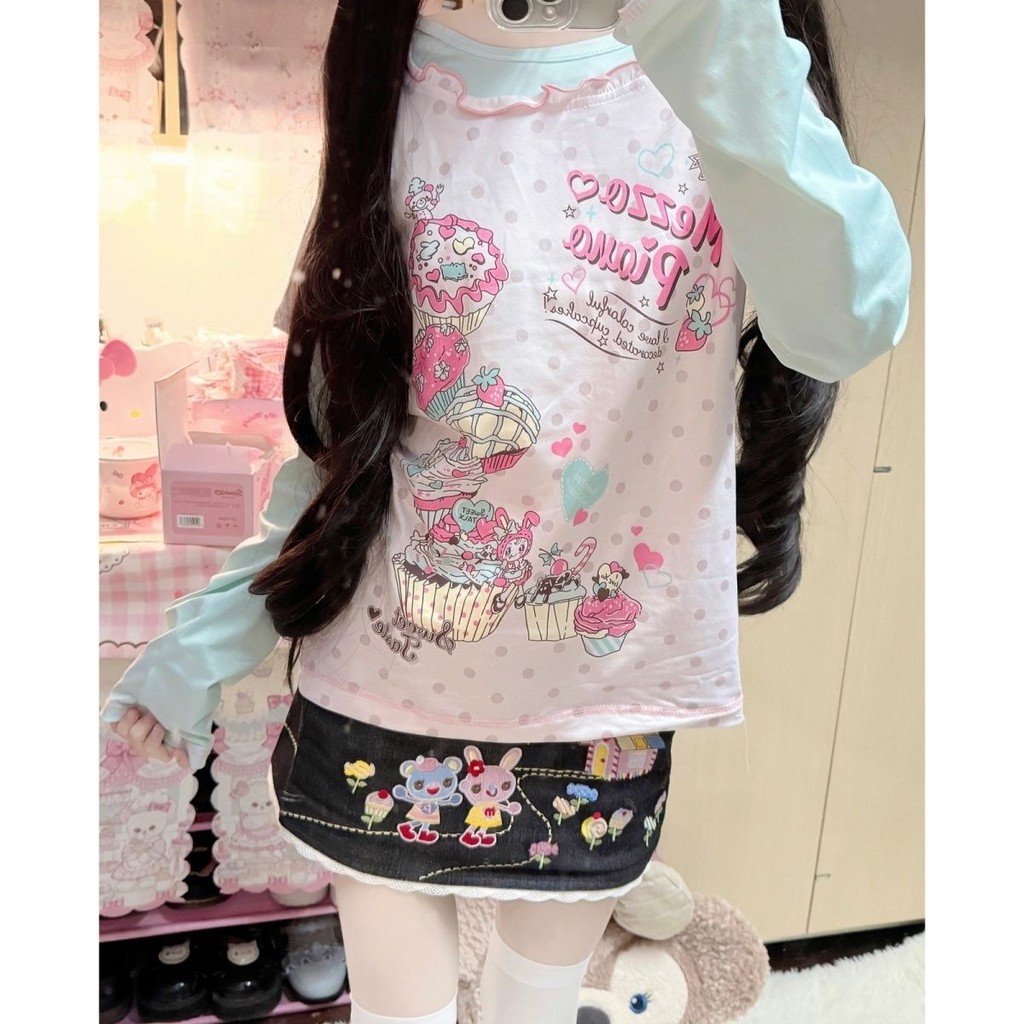 X-สีส้มญี่ปุ่นหวานพิมพ์น่ารักการ์ตูนเสื้อยืดแขนยาวปลอมสองชิ้นด้านบนฤดูใบไม้ผลิฤดูร้อนสไตล์ใหม่สบายๆเสื้อผ้าผู้หญิง