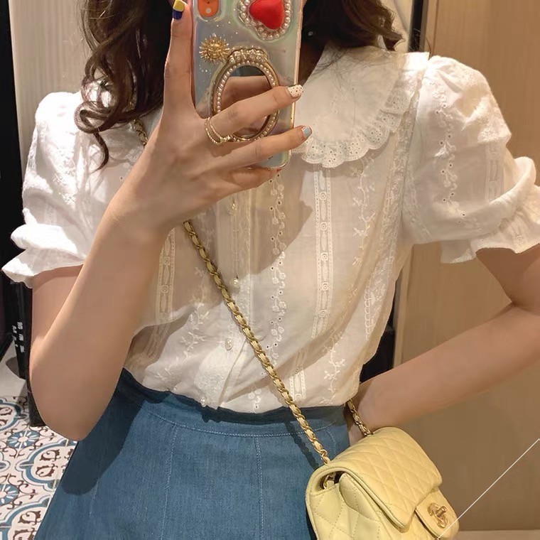 ชื่อ Tide เสื้อเชิ้ตสีขาวพับลมสำหรับผู้หญิง ฤดูใบไม้ผลิ คอตุ๊กตาหวาน แขนพัฟ สไตล์ใหม่ หมายเหตุของฉัน